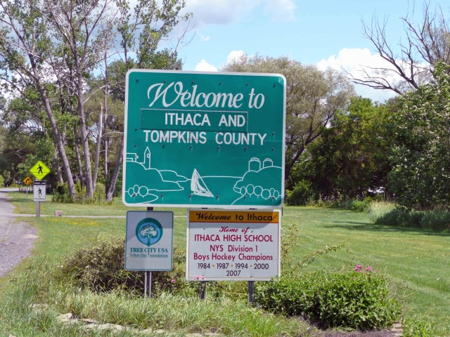 The webmaster also takes photos of Welcome signs as introductions to trips. Here is the one from Ithaca. Where is it located?